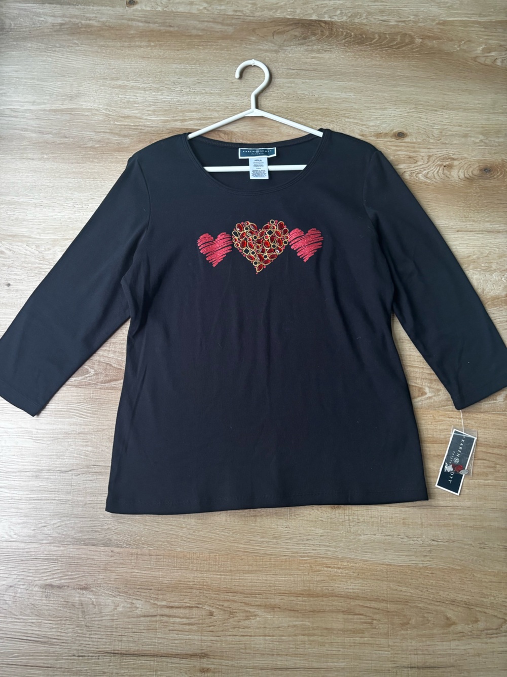 Karen Scott Cotton Long Sleeve Top with Red Heart Embellishments